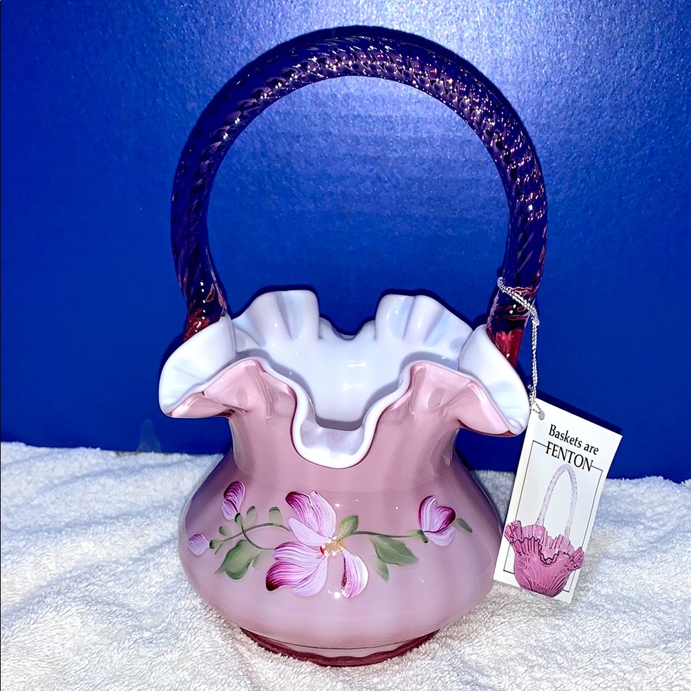 Fenton hand painted Pink and White Floral glass basket